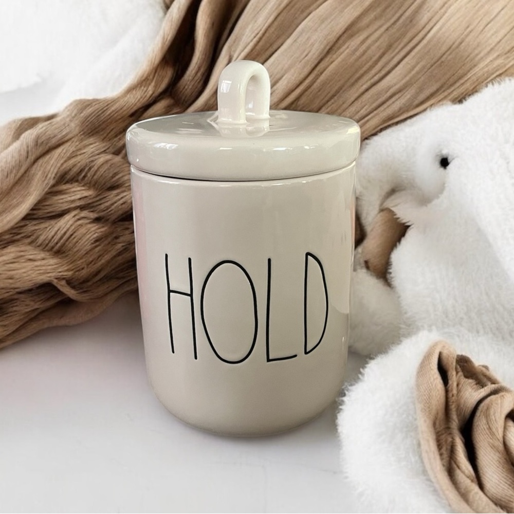 NEW Rae Dunn HOLD Ceramic Small Canister Lid Handle Kitchen Bathroom Bedroom